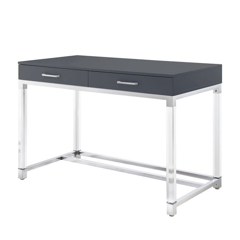 Inspired Home Kalel High Gloss 2 Drawers Writing Desk with Acrylic Legs and Stainless Steel Base