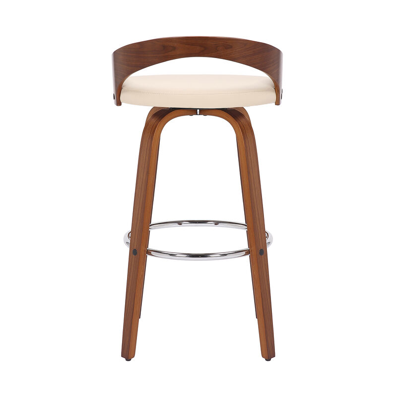 Sonia Bar Height Swivel Brown Faux Leather and Walnut Wood Bar Stool