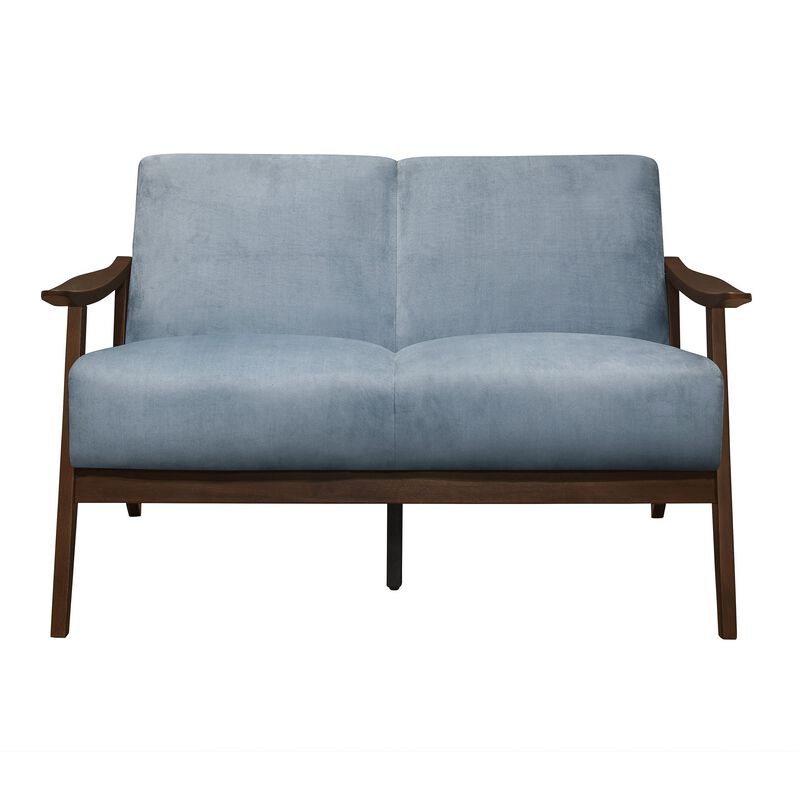 Rica 51 Inch Loveseat, Soft Blue Gray Velvet, Walnut Brown Solid Wood - Benzara