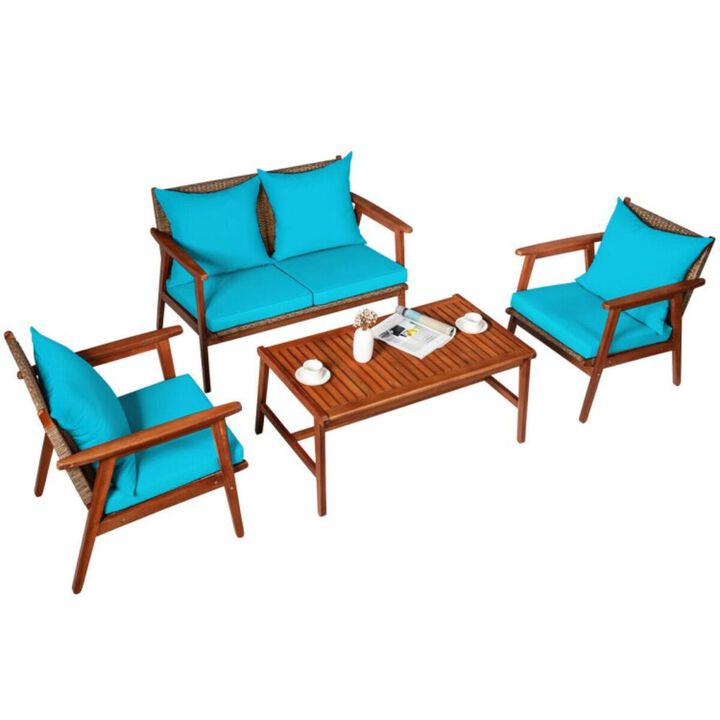 Hivvago 4 Pieces Acacia Wood Patio Rattan Furniture Set with Zippered Cushions