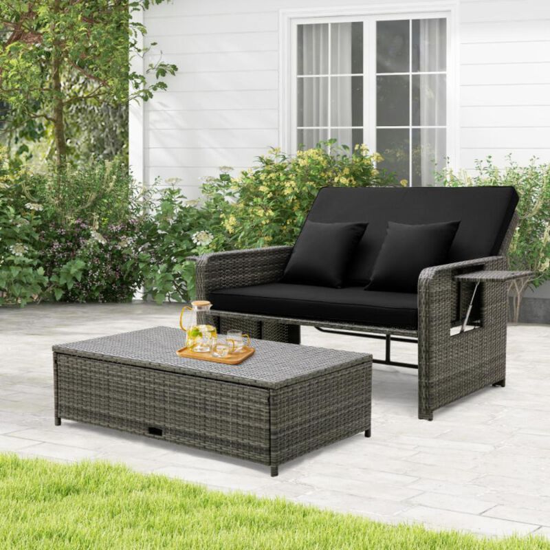 Hivvago Patio Wicker Loveseat Sofa with Multipurpose Ottoman and Retractable Side Tray