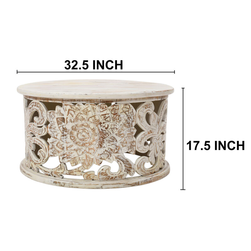 Alina Coffee Table Handcrafted Mango Wood Floral Carved Cut Out Design Distressed White Finish 33 Inch - Benzara