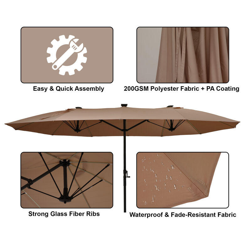 MONDAWE 15ft Twin Double-Sided Solar LED Patio Market Umbrella with Included Base Stand