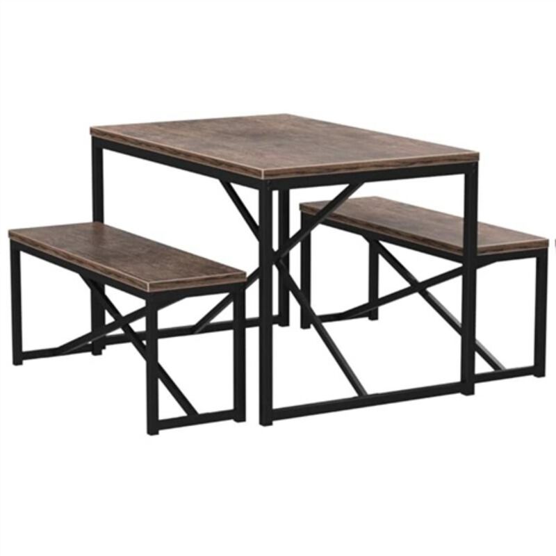 Hivvago Modern 3 Piece Dining Set with Wood Top Metal Frame Table and 2 Bench Chairs