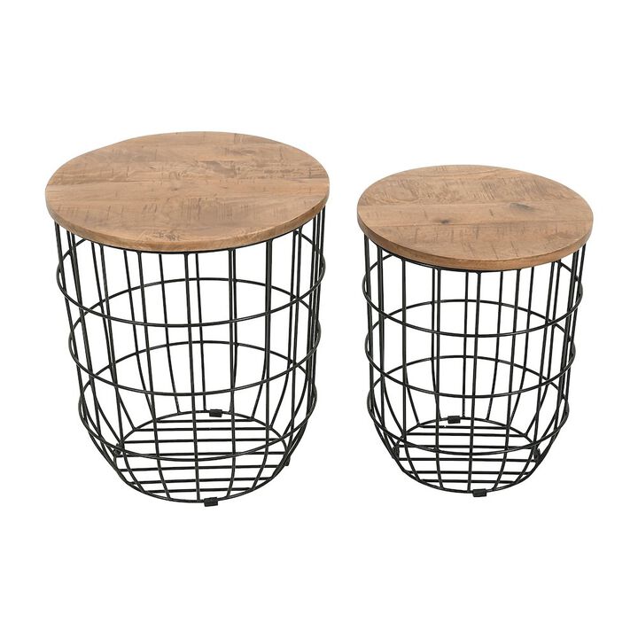 Jofran Global Archive Nested Storage Solid Wood and Metal Basket End Tables (Set of 2)