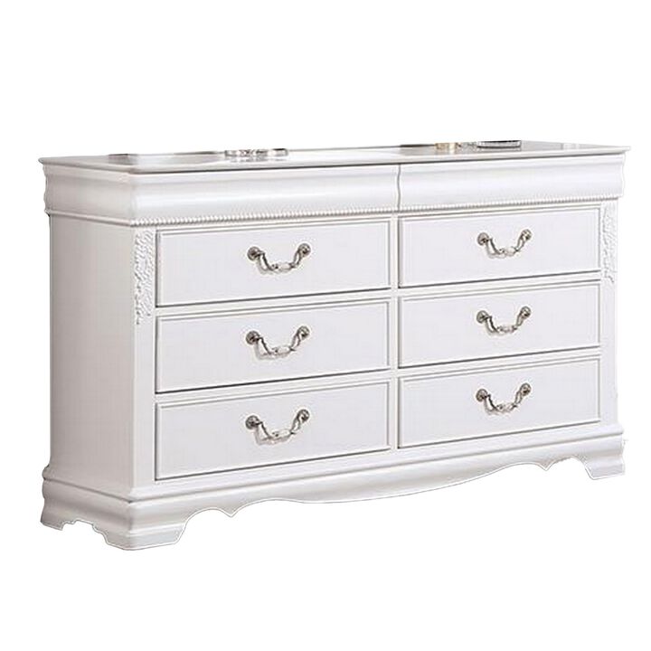 Benjara Aleci 54 Inch Wide Dresser Chest, 6 Drawers, Carved Detail, Wood, White and Nickel