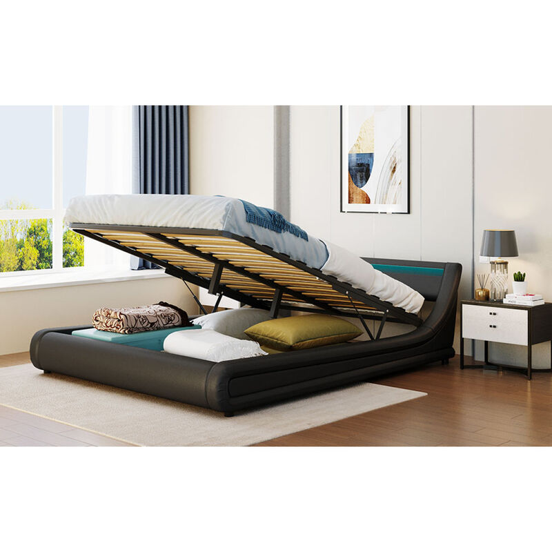 Upholstered PU Leather Platform bed with a Hydraulic Storage System with LED Light Headboard Bed Frame with Slatted Queen Size