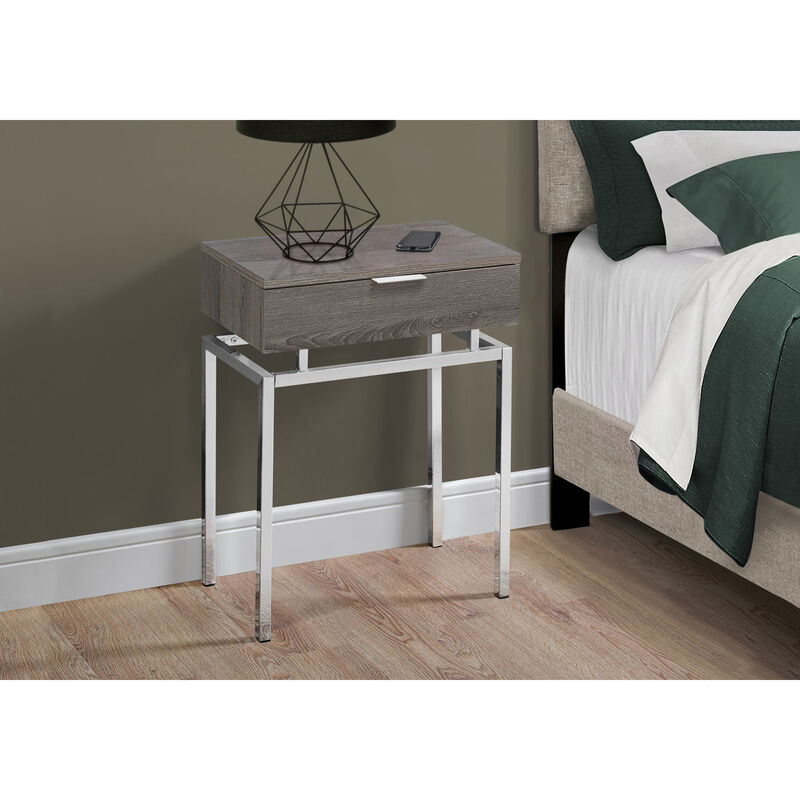 Monarch Specialties I 3465 Accent Table, Side, End, Nightstand, Lamp, Storage Drawer, Living Room, Bedroom, Metal, Laminate, Brown, Chrome, Contemporary, Modern