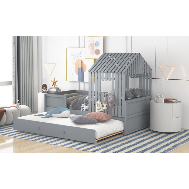 Twin Size House Low Loft Bed with Trundle, White