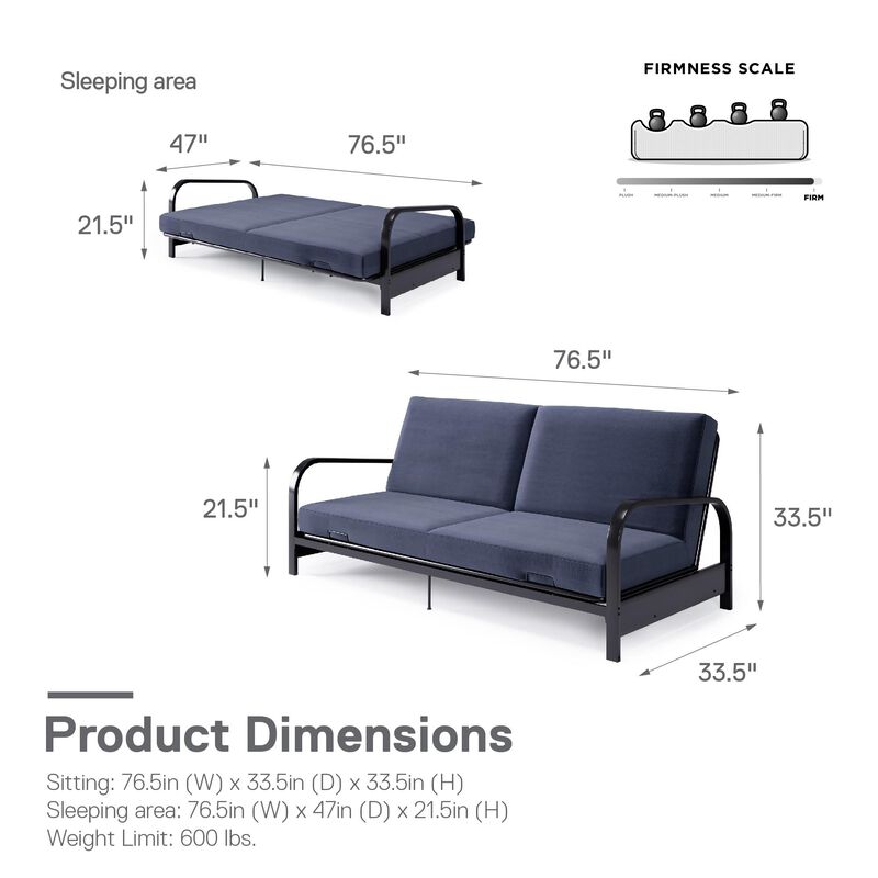 Karli Black Metal Arm Futon Frame with 6" Blue Mattress and extra Black Slipcover