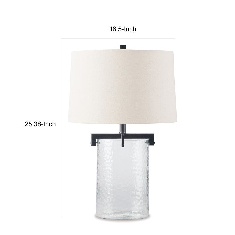 25 Inch Table Lamp, White Drum Shade, Clear Glass Base, Black Metal Frame - Benzara