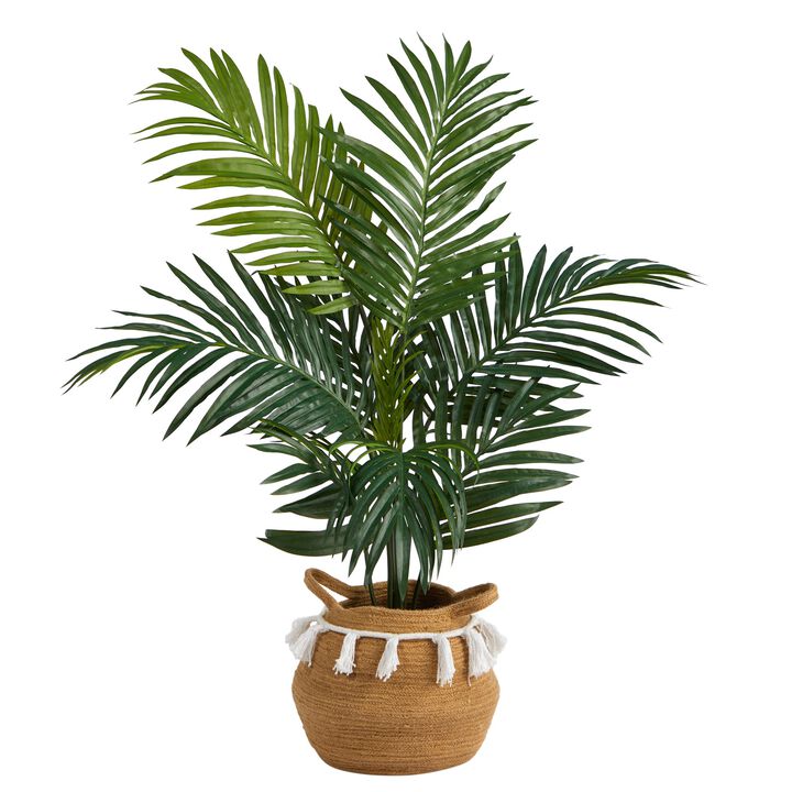 HomPlanti 4 Feet Kentia Palm Artificial Tree in Boho Chic Handmade Natural Cotton Woven Planter with Tassels