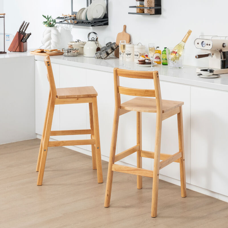 Set of 2 28" Rubber Wood Armless Bar Stools with Backrest and Footrest-Natural