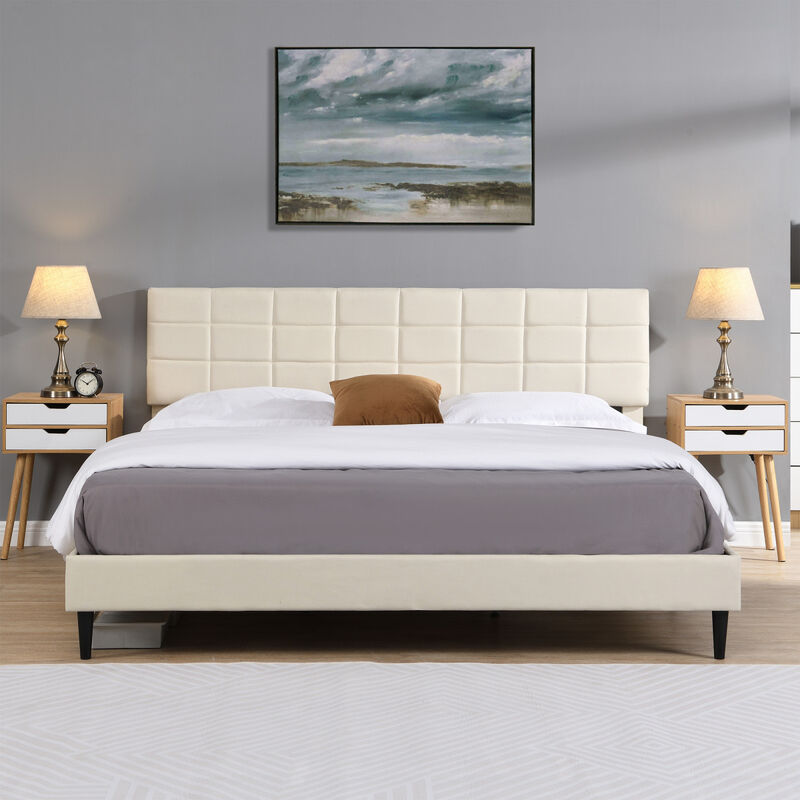 King Size Platform Bed Frame with Upholstered Headboard