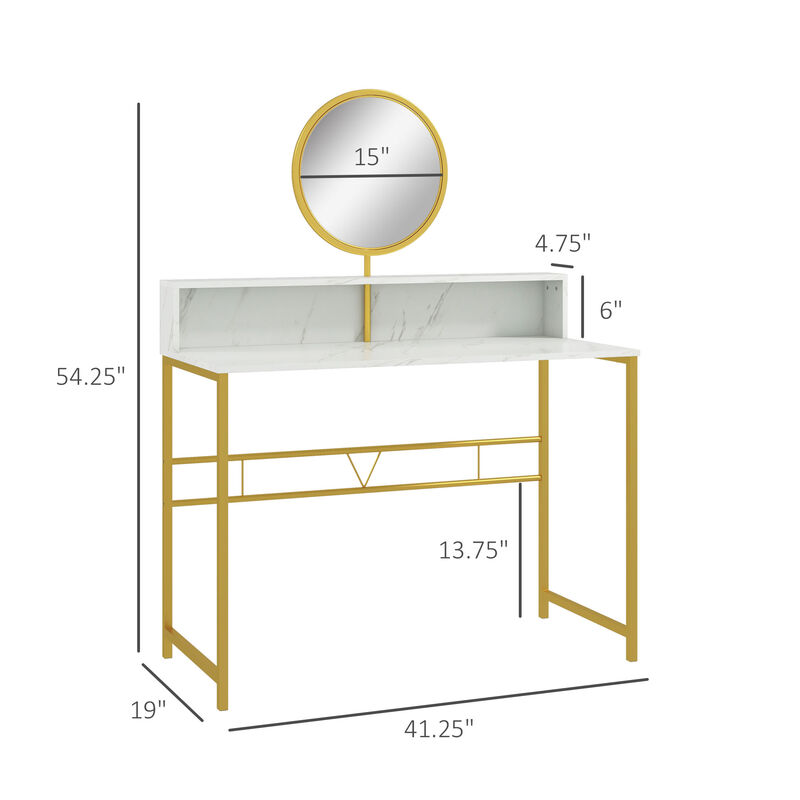 HOMCOM Modern Vanity Makeup Desk with Mirror, Dressing Table with Open Storage, Faux Marble Finish and Steel Frame for Bedroom, White and Gold