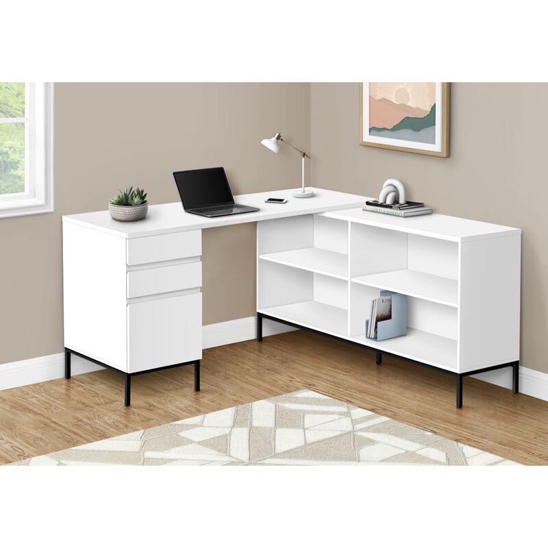 Computer Desk, Home Office, Corner, Storage Drawers, 60"L, L Shape, Work, Laptop, Metal, Laminate, White, Black, Contemporary, Modern