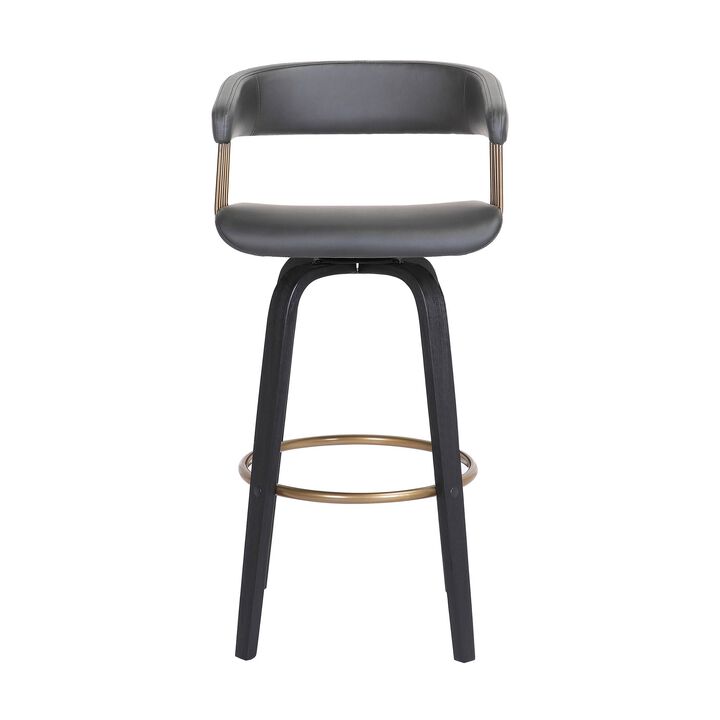 Maya 26 Inch Swivel Counter Chair, Gray Faux Leather, Bronze, Black Wood - Benzara