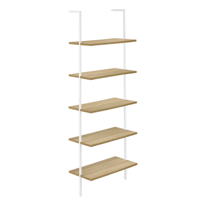 Monarch Specialties I 3686 Bookshelf, Bookcase, Etagere, Ladder, 5 Tier, 72"H, Office, Bedroom, Metal, Laminate, Natural, White, Contemporary, Modern