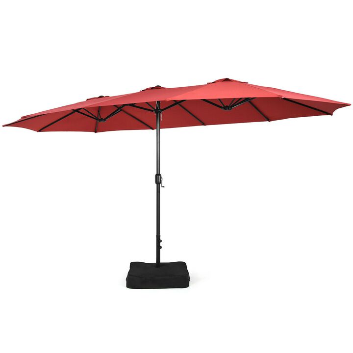 15 Feet Double-Sided Twin Patio Umbrella with Crank and Base