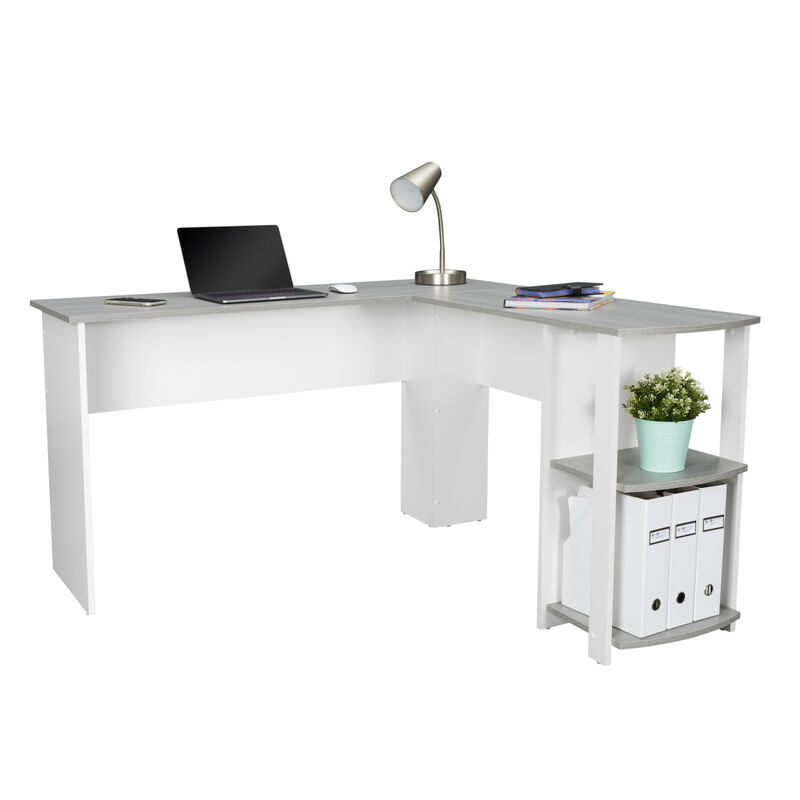 Modern L-Shaped Desk with Side Shelves, Grey