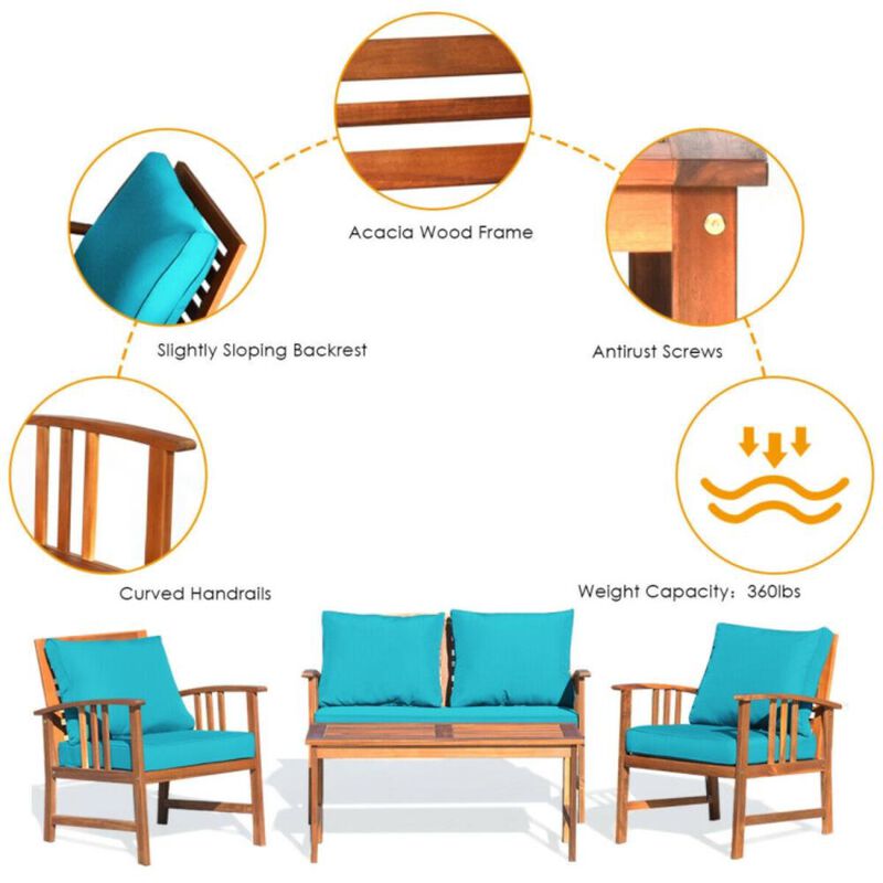 Hivvago 4 Pieces Wooden Patio Sofa Chair Set with Cushion