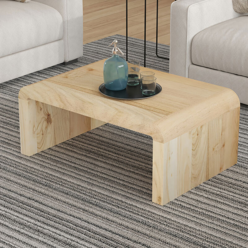 Cascade 36 Inch Coffee Table, Handcrafted Natural Acacia Wood, Rectangular Curved Waterfall Top