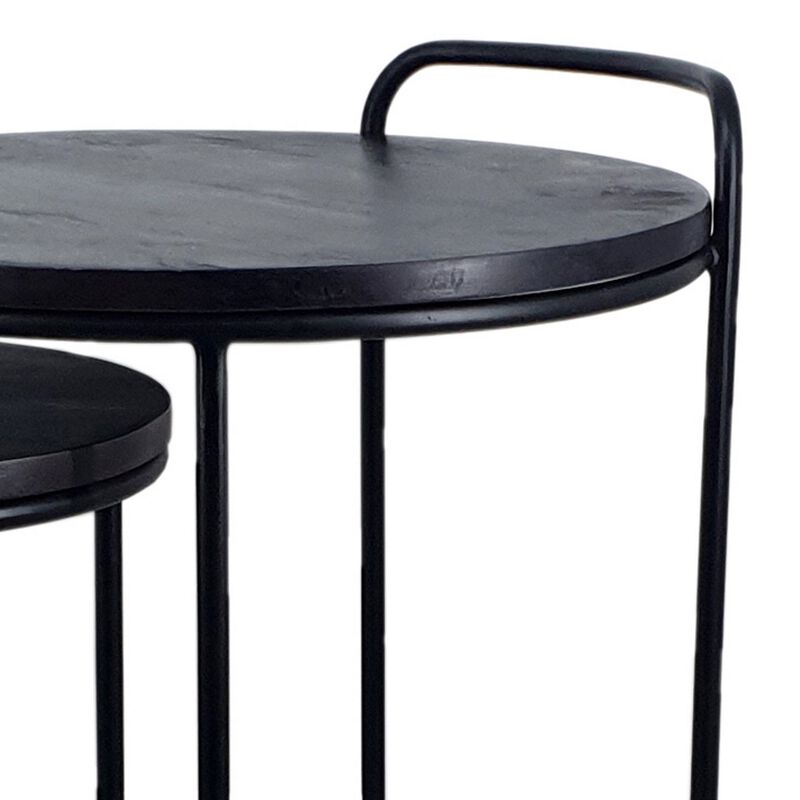 18, 22 Inch Round Nesting End Tables Set of 2, Mango Wood, Set of 2, Black-Benzara