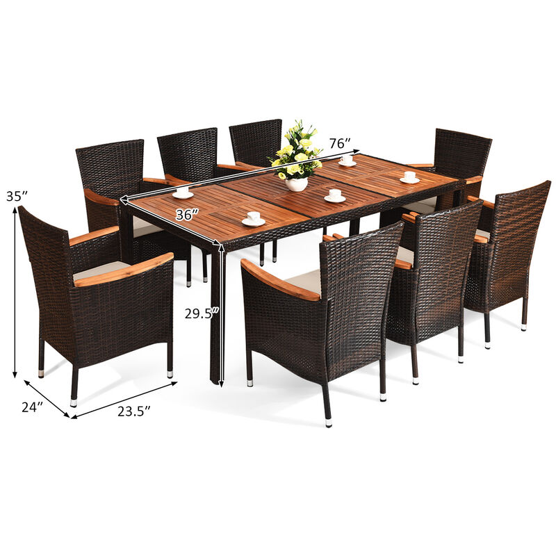 9 Pieces Rattan Dining Set with Acacia Wood Table and Stackable Cushioned Chairs