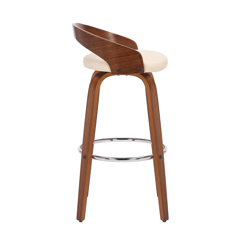 Sonia Bar Height Swivel Brown Faux Leather and Walnut Wood Bar Stool