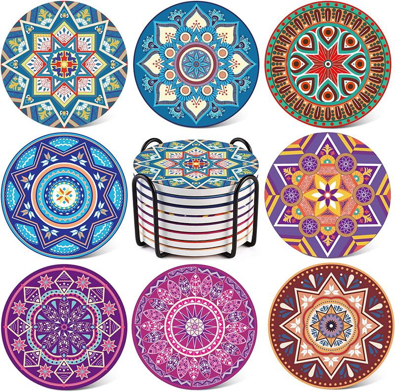 LIFVER 8 Packs Absorbent Drink Coaster Sets, Mandala Style Ceramic Coasters with Holder, 4 Inches Coasters for Drinks with Cork Base