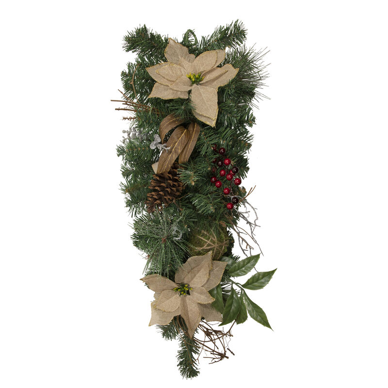 28" Mixed Pine Berry and Poinsettia Artificial Christmas Teardrop Swag - Unlit