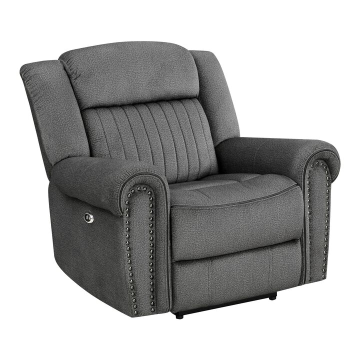 Ben 38 Inch Power Recliner Chair, Soft Cushions Gray Microfiber, Solid Wood - Benzara