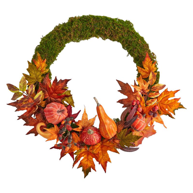 Nearly Natural 20-in Autumn Pumpkin, Gourd and Fall Maple Leaf  Wreath
