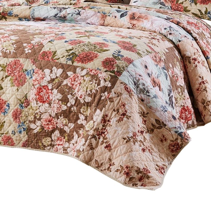 Rome 3 Piece Microfiber Reversible Floral Print Queen Quilt Set, Multicolor - Benzara