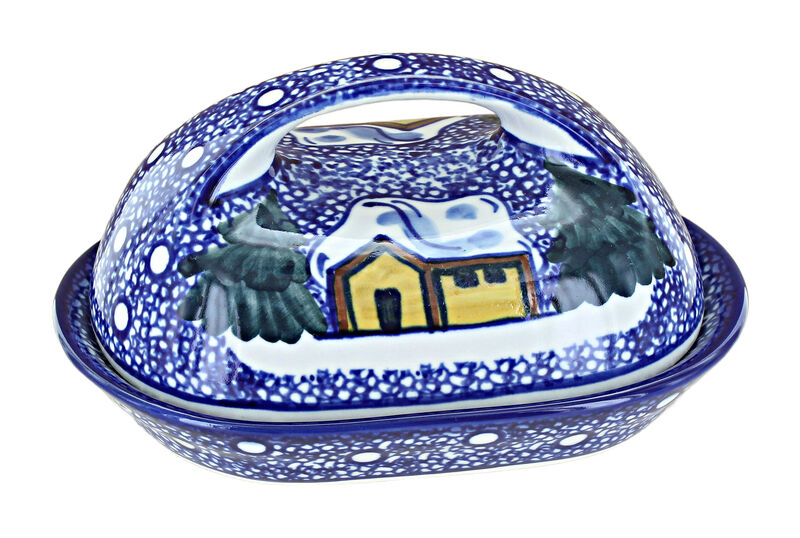 Blue Rose Polish Pottery Winter Forest Butter Dish