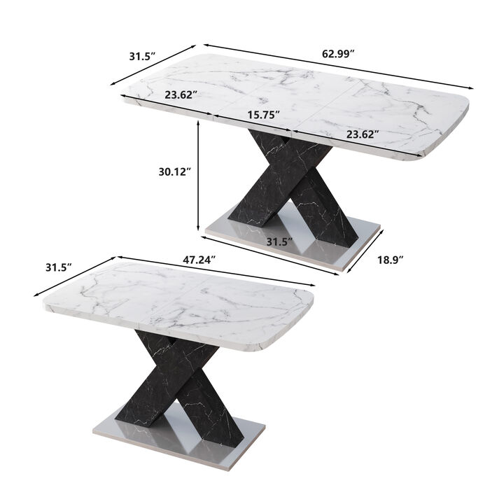 Modern Square Dining Table, Stretchable, White Marble Tabletop+MDF Black X-Shaped Table Leg with Metal Base