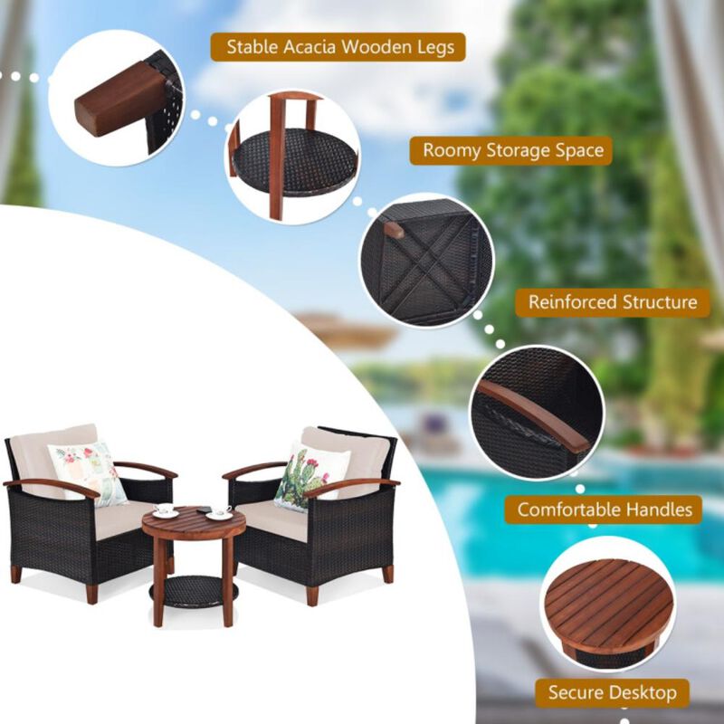 Hivvago 3 Pieces Patio Wicker Furniture Set with Washable Cushion and Acacia Wood Tabletop