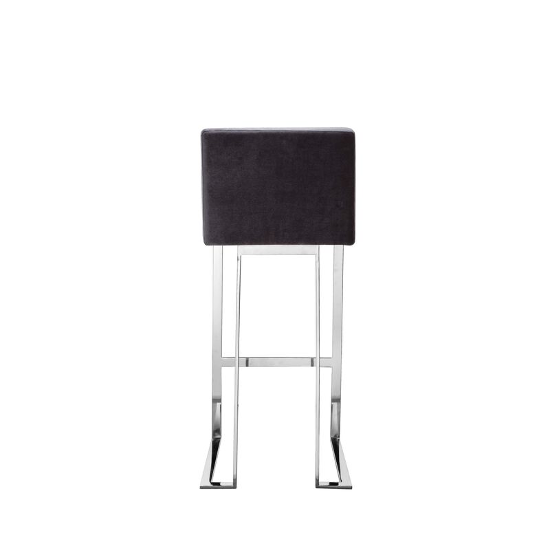 Boly 30 Inch Barstool Chair, Gray Velvet, Foam Cushions, Chrome Steel - Benzara