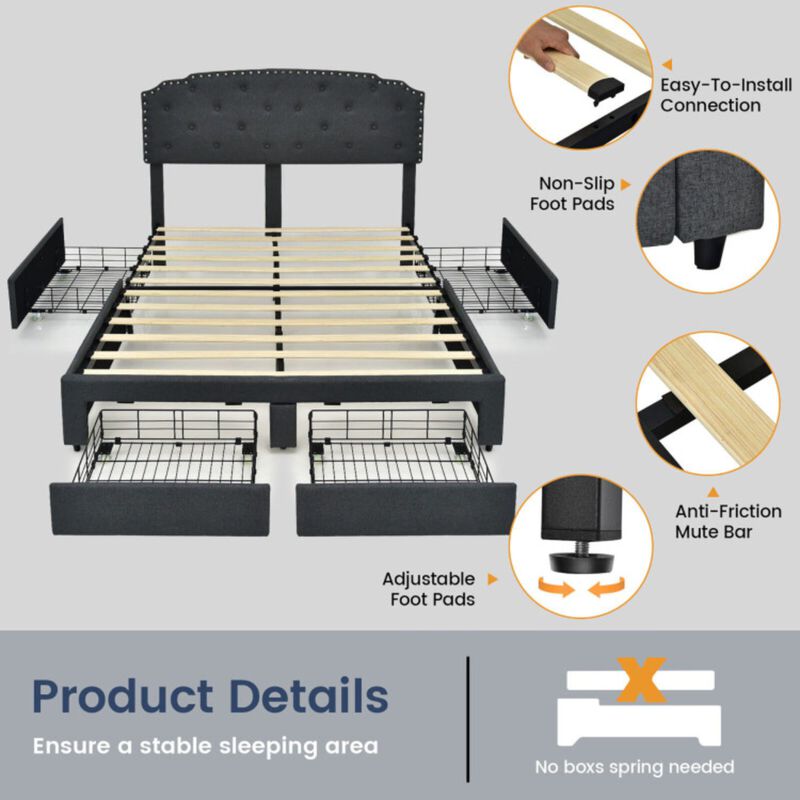 Platform Bed Frame with 4 Storage Drawers Adjustable Headboard