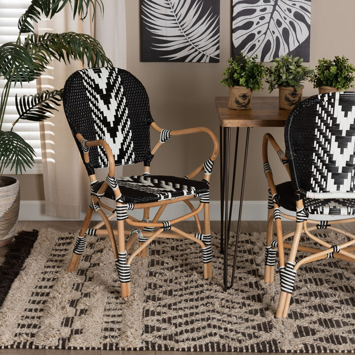 bali & pari Wallis Modern French Two-Tone Black and White Weaving and Natural Rattan Indoor Dining Chair