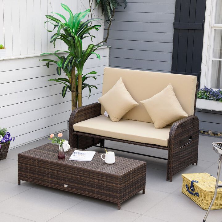2-Seater Patio Wicker Lounge Sofa Set, Outdoor PE Rattan Garden Assembled Sun Lounger Daybed Furniture with Storage Footstool & Side Tables