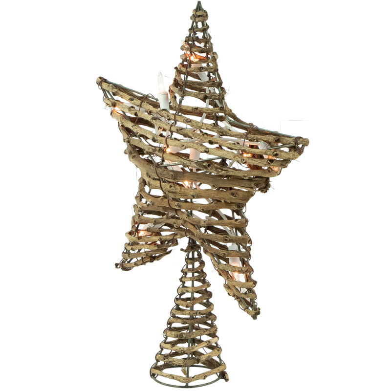 11" Lighted Rattan Twigs Star Christmas Tree Topper- Clear Lights  White Wire