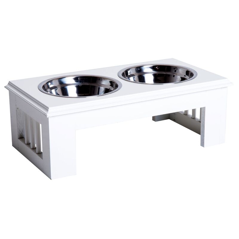 Elegant Pet Diner: White Wooden Dog Feeding Station with Steel Bowls