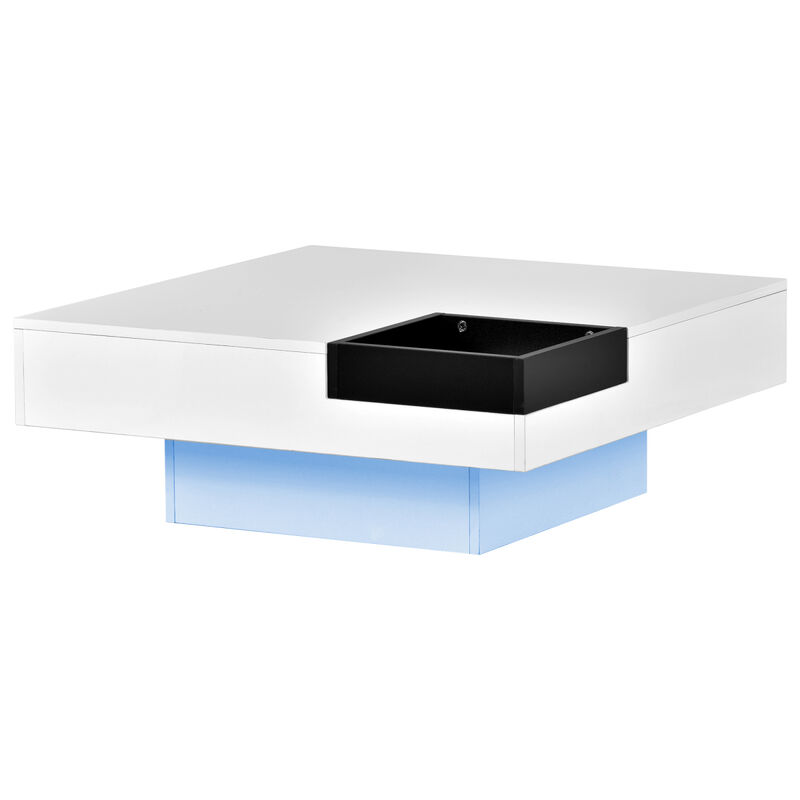 Modern Minimalist Design Square Coffee Table with Detachable Tray and Plug-in 16-color LED Strip Lights Remote Control