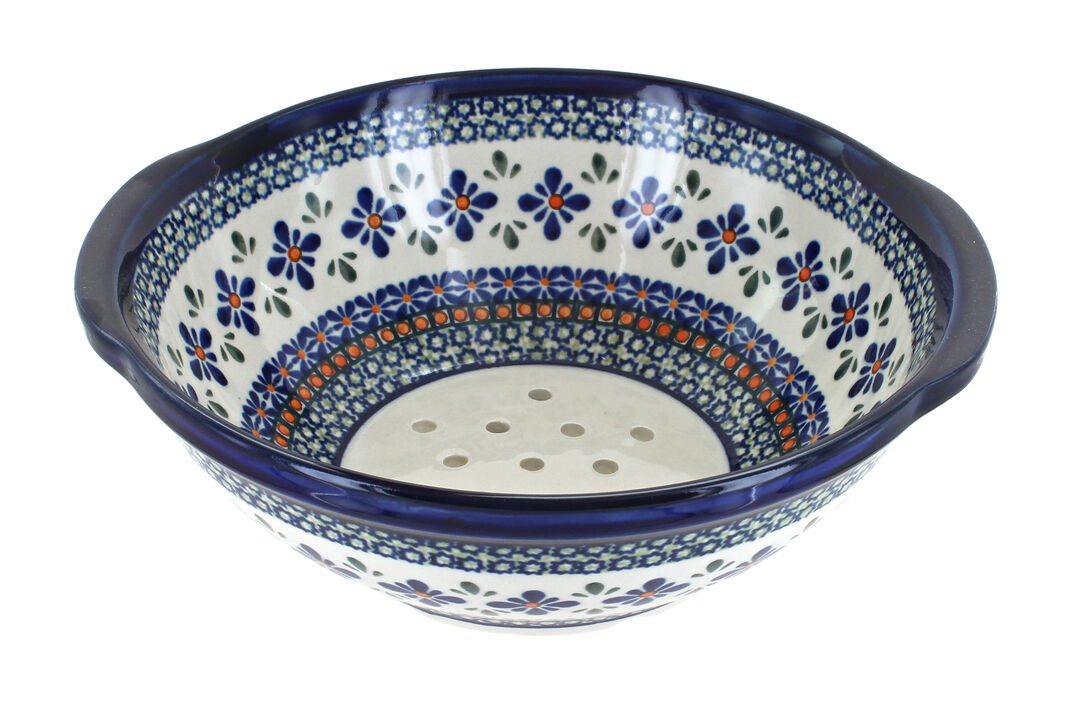 Blue Rose Polish Pottery Flowering Peacock Colander