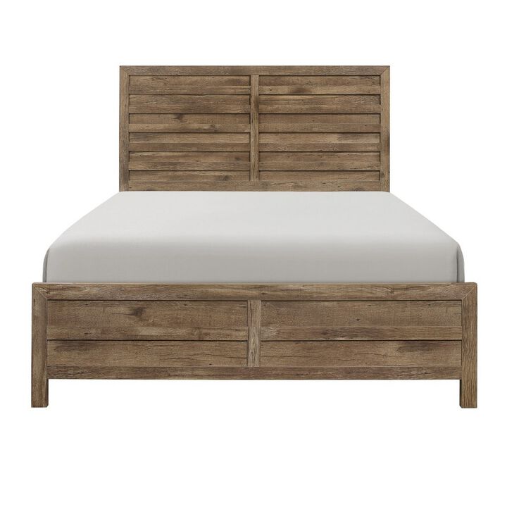 Zane Transitional Queen Bed, Wood Plank Design, Weathered Pine Veneer-Benzara