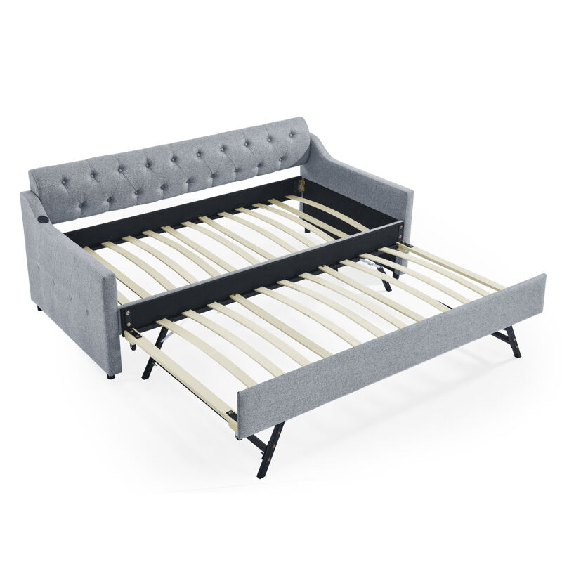 Twin Size Upholstery Day Bed with Twin Size Erectable Trundle and USB Charging Design, Linen Grey