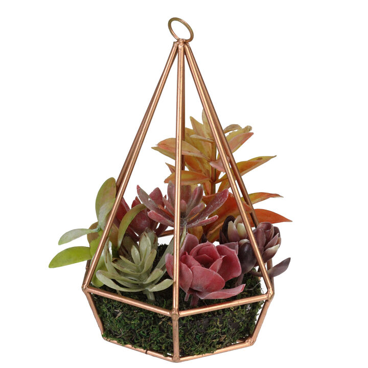 9" Artificial Green and Purple Succulents Arrangement in 6-Sided Wire Frame