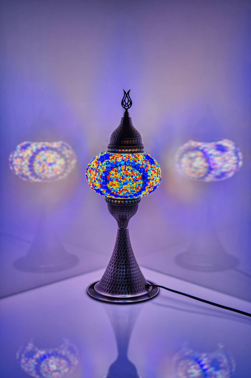 16 in. Handmade Elite Multicolor Center Circle Mosaic Glass Table Lamp with Brass Color Metal Base