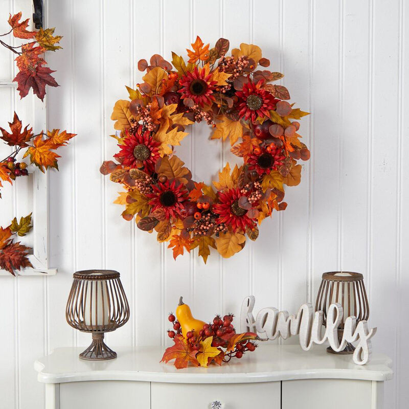 Nearly Natural 30-in Fall Acorn, Sunflower, Berries and Autumn Foliage Artificial Wreath